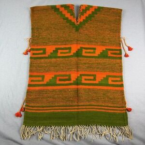 Handwoven Mexican Sarape Poncho Geometric Greca Wool Fringe Boho Southwestern